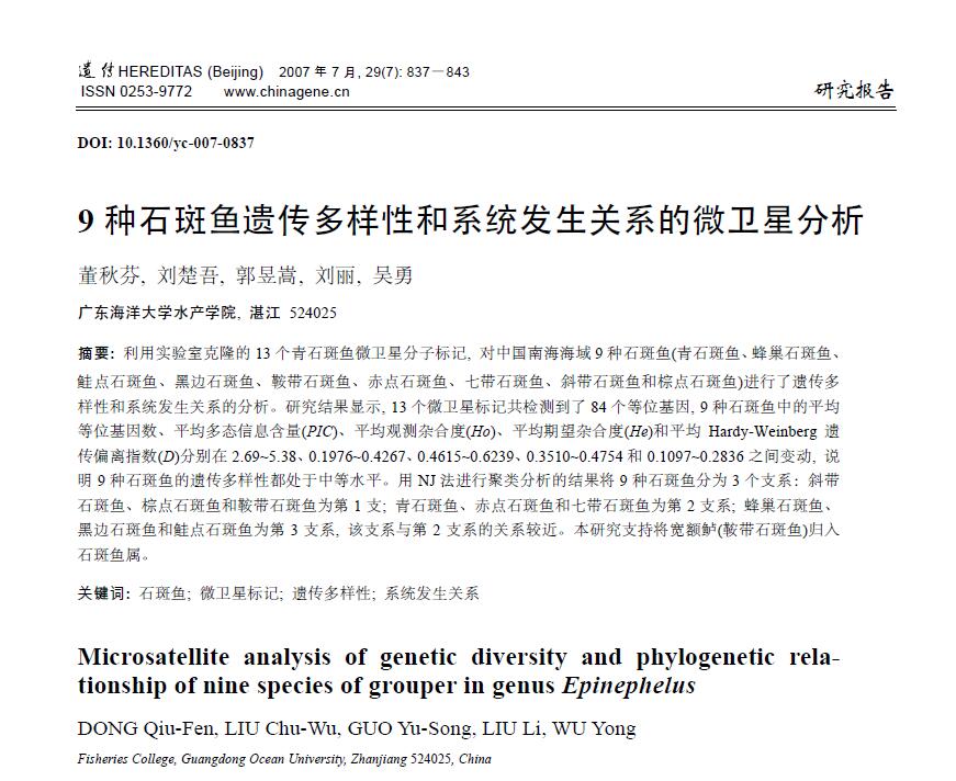 Dong Qiufen, Liu Chuwu, Guo Yusong, Liu Li, Wu Yong. 2007. Análisis de microsatélites de diversidad genética y relaciones filogenéticas de nueve especies de mero. Genética, 29:837-843.